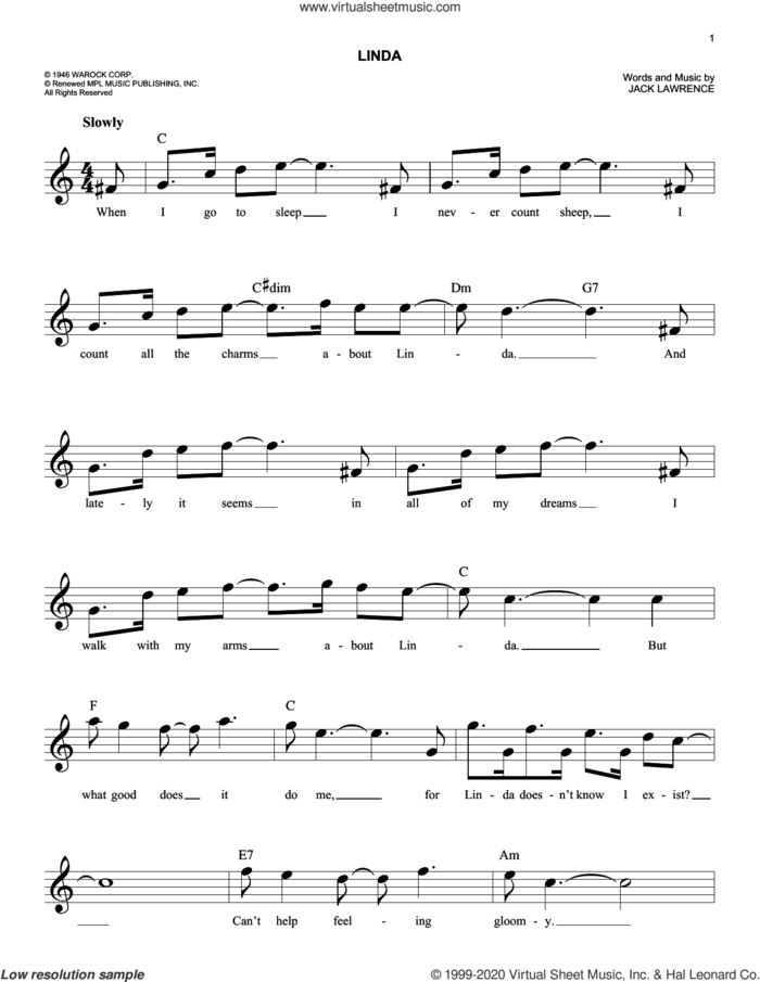 Linda sheet music for voice and other instruments (fake book) by Jack Lawrence, easy skill level