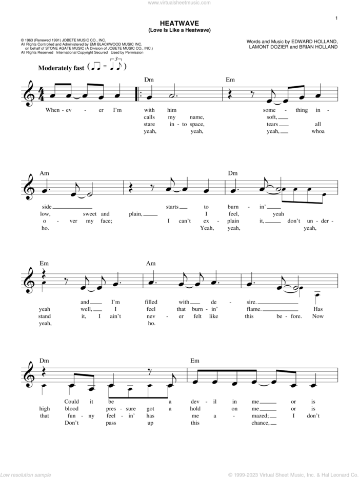 Heatwave (Love Is Like A Heatwave) sheet music for voice and other instruments (fake book) by Martha & The Vandellas, Linda Ronstadt, Brian Holland, Eddie Holland and Lamont Dozier, intermediate skill level