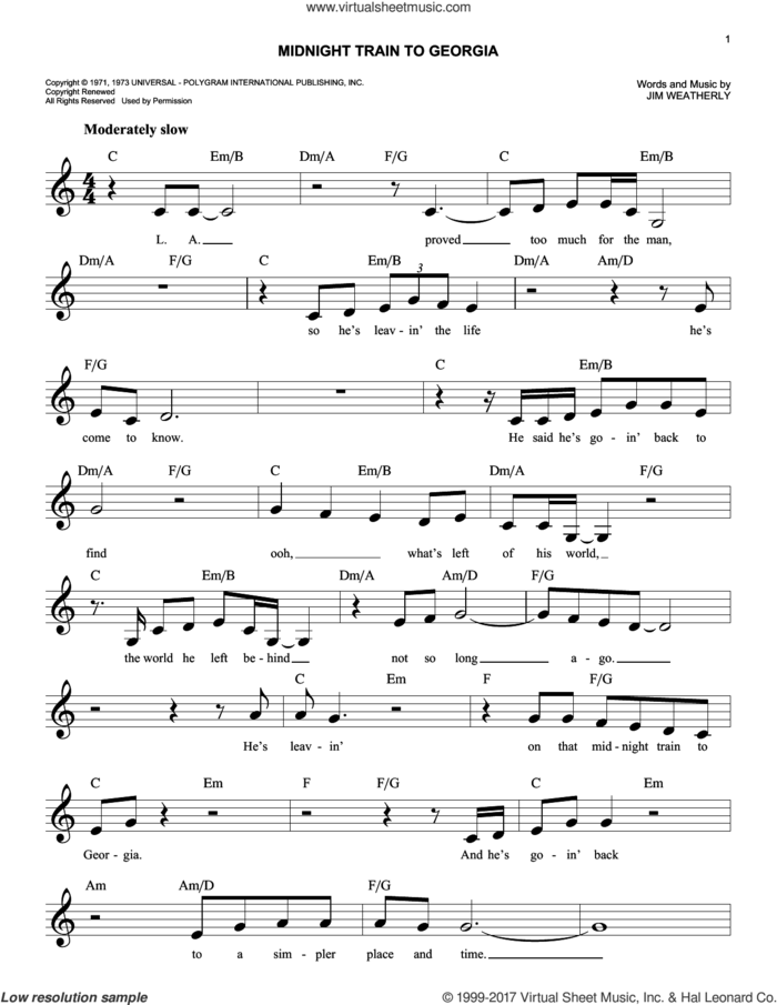 Midnight Train To Georgia sheet music for voice and other instruments (fake book) by Gladys Knight & The Pips and Jim Weatherly, easy skill level