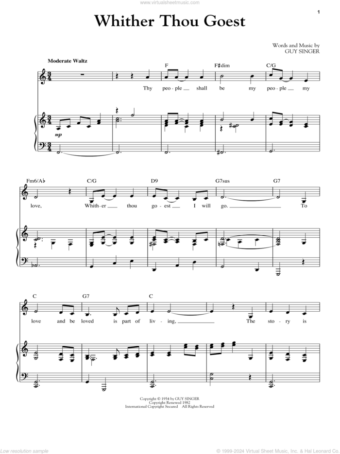 Whither Thou Goest sheet music for voice and piano by Guy Singer, wedding score, intermediate skill level