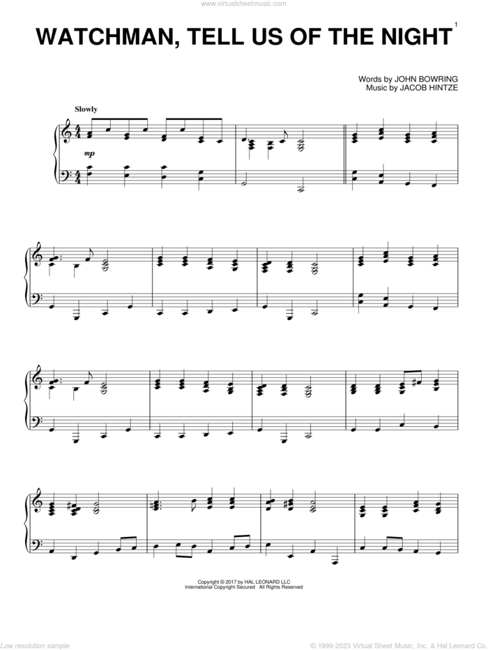Watchman, Tell Us Of The Night sheet music for piano solo by Jacob Hintze and John Bowring, intermediate skill level