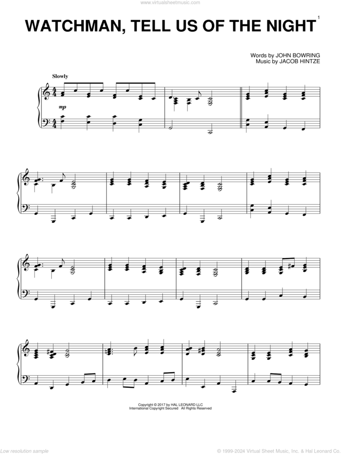 Watchman, Tell Us Of The Night sheet music for piano solo by Jacob Hintze and John Bowring, intermediate skill level