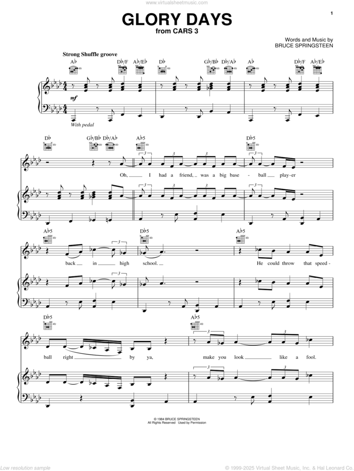 Glory Days sheet music for voice, piano or guitar by Bruce Springsteen, intermediate skill level