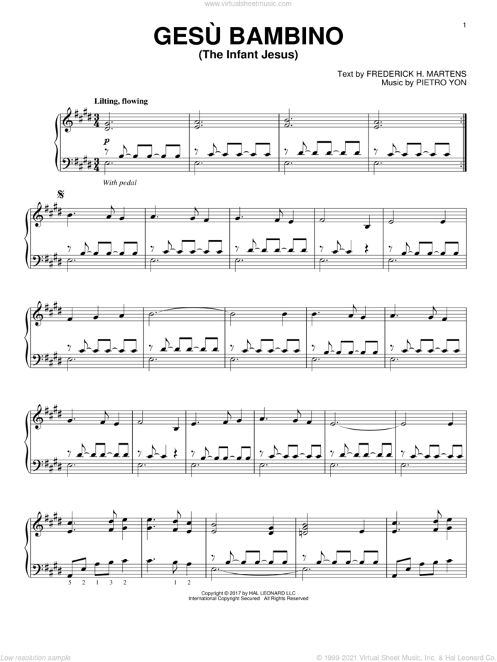 Gesu Bambino (The Infant Jesus), (intermediate) sheet music for piano solo by Pietro Yon and Frederick H. Martens, intermediate skill level