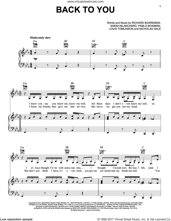 Back To You sheet music for voice, piano or guitar by Louis Tomlinson feat. Bebe Rexha & Digital Farm Animals, Louis Tomlinson, Nicholas Gale, Pablo Bowman, Richard Boardman and Sarah Blanchard, intermediate skill level