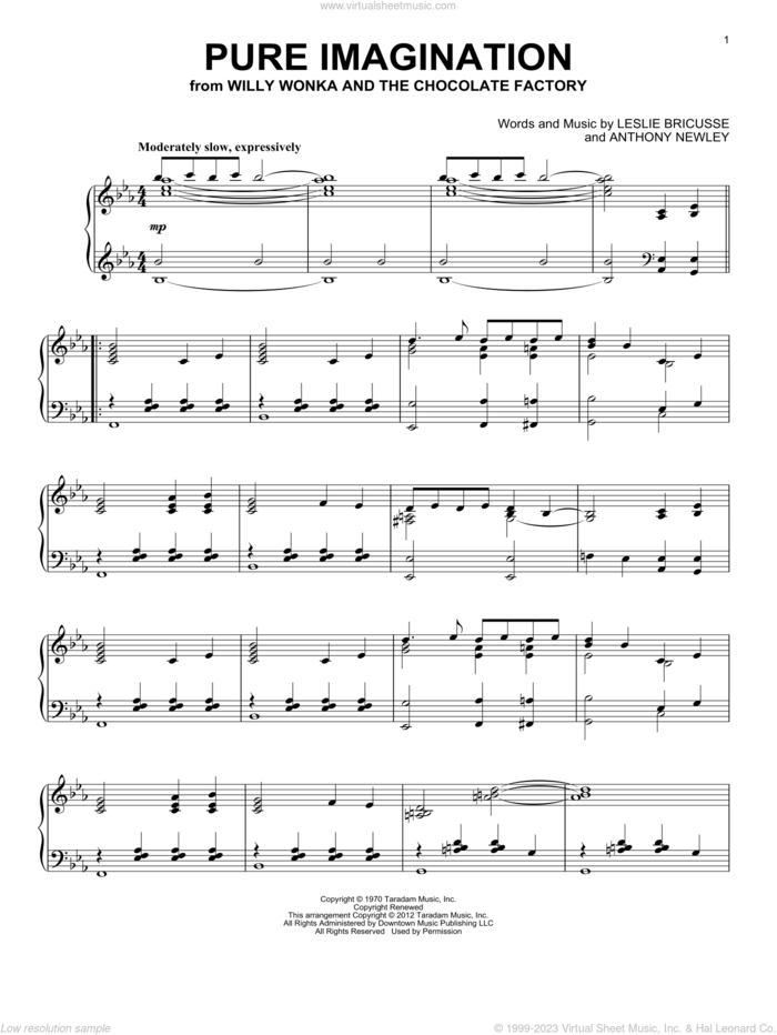 Pure Imagination sheet music for piano solo by Willy Wonka & the Chocolate Factory, Anthony Newley and Leslie Bricusse, intermediate skill level