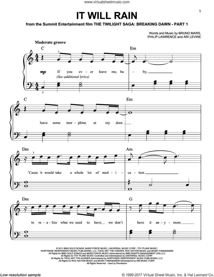 It Will Rain sheet music for piano solo by Bruno Mars, Ari Levine and Philip Lawrence, easy skill level