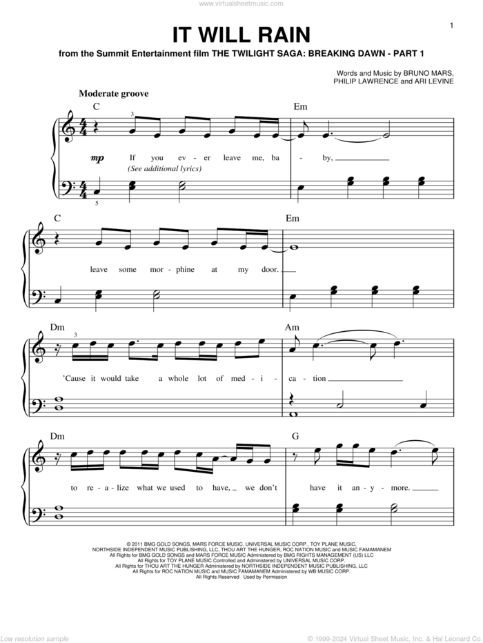 It Will Rain sheet music for piano solo by Bruno Mars, Ari Levine and Philip Lawrence, easy skill level