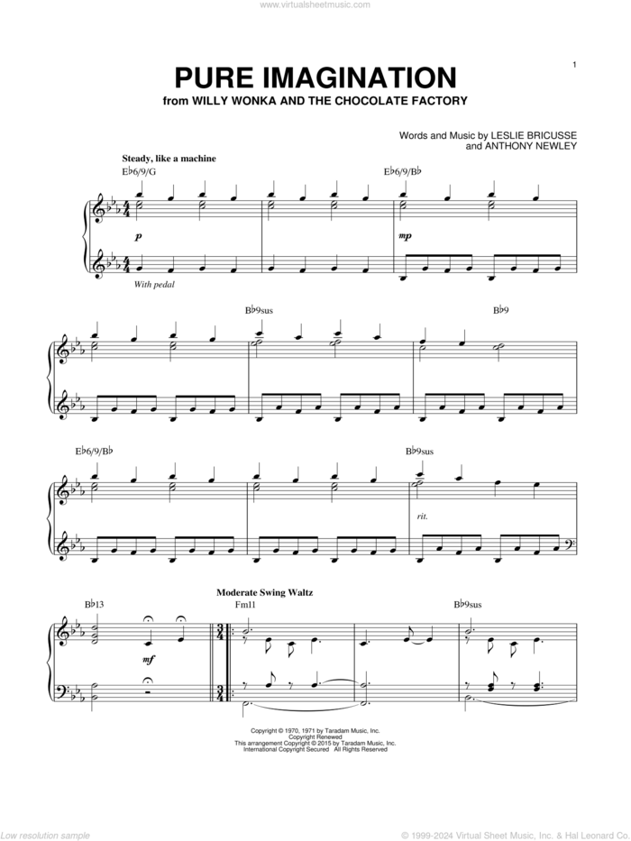 Pure Imagination [Jazz version] (arr. Brent Edstrom) sheet music for piano solo by Willy Wonka & the Chocolate Factory, Anthony Newley and Leslie Bricusse, intermediate skill level