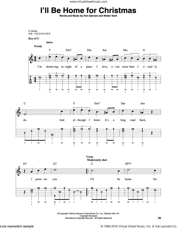 I'll Be Home For Christmas sheet music for banjo solo by Bing Crosby, Kim Gannon and Walter Kent, intermediate skill level
