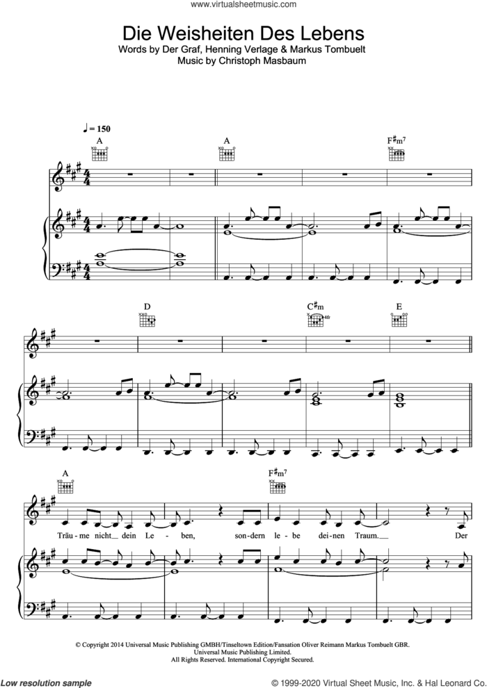 Die Weisheiten Des Lebens sheet music for voice, piano or guitar by Unheilig and Christoph Masbaum, intermediate skill level