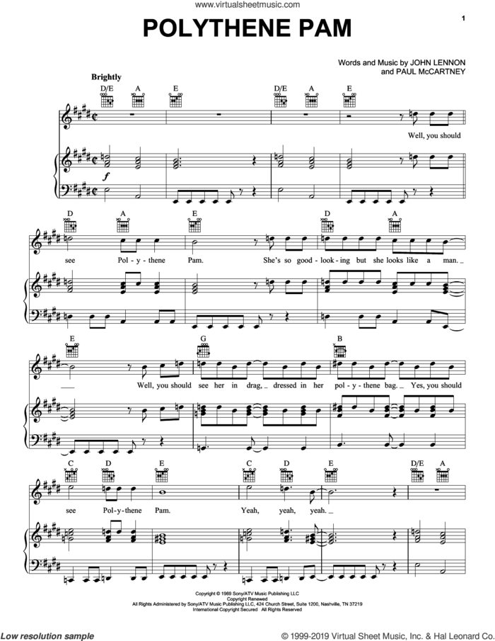 Polythene Pam sheet music for voice, piano or guitar by The Beatles and John Lennon, intermediate skill level