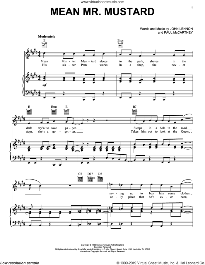Mean Mr. Mustard sheet music for voice, piano or guitar by The Beatles, John Lennon and Paul McCartney, intermediate skill level