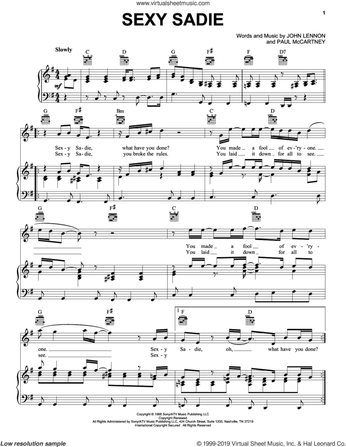 Sexy Sadie sheet music for voice, piano or guitar by The Beatles, John Lennon and Paul McCartney, intermediate skill level