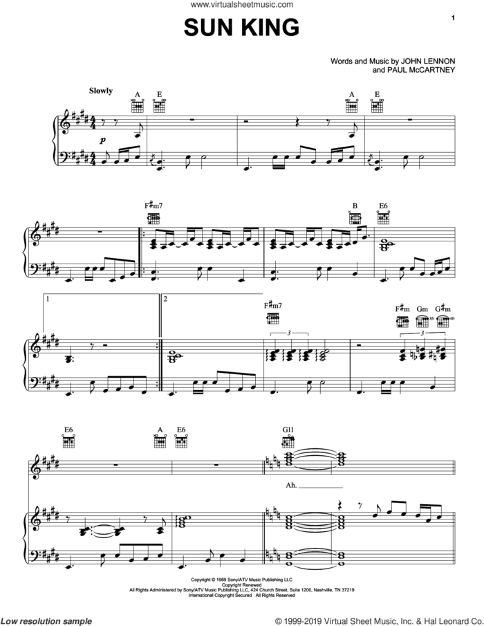 Sun King sheet music for voice, piano or guitar by The Beatles, John Lennon and Paul McCartney, intermediate skill level