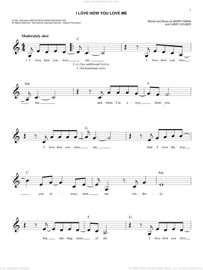 I Love How You Love Me sheet music for voice and other instruments (fake book) by The Paris Sisters, Barry Mann and Larry Kolber, easy skill level