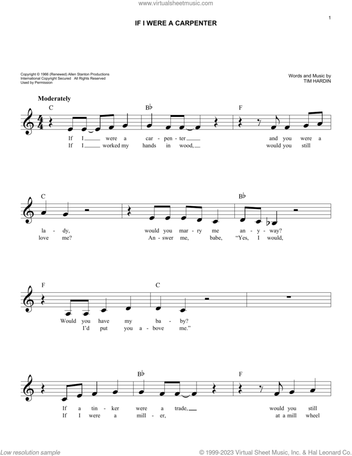 If I Were A Carpenter sheet music for voice and other instruments (fake book) by Johnny Cash & June Carter, Bobby Darin and Tim Hardin, easy skill level