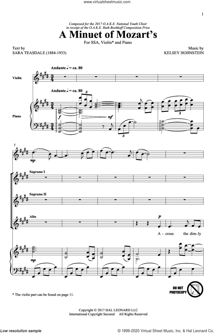 A Minuet Of Mozart's sheet music for choir (SSA: soprano, alto) by Kelsey Hohnstein and Sara Teasdale (1884-1933), intermediate skill level