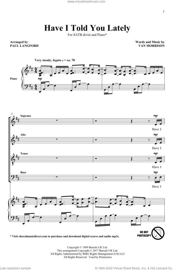 Have I Told You Lately sheet music for choir (SATB: soprano, alto, tenor, bass) by Van Morrison, Paul Langford, Emilio and Rod Stewart, wedding score, intermediate skill level