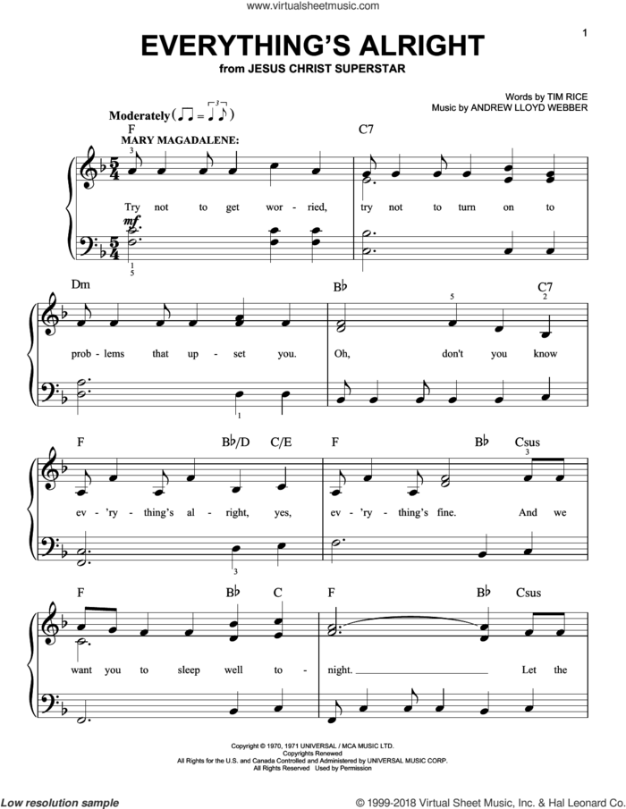 Everything's Alright (from Jesus Christ Superstar) sheet music for piano solo by Andrew Lloyd Webber, Yvonne Elliman and Tim Rice, easy skill level
