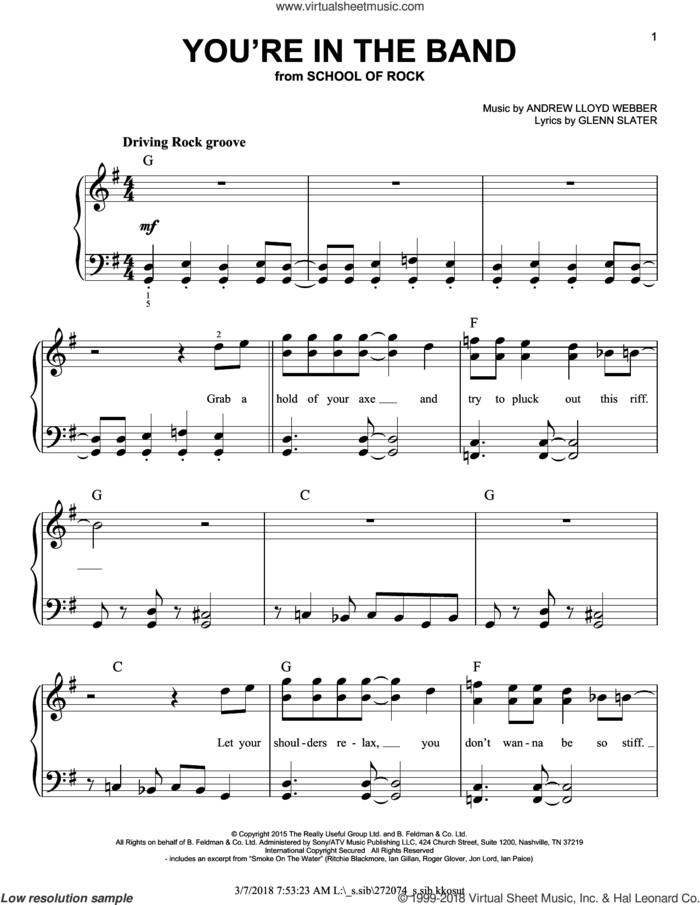 You're In The Band (from School of Rock: The Musical) sheet music for piano solo by Andrew Lloyd Webber and Glenn Slater, easy skill level