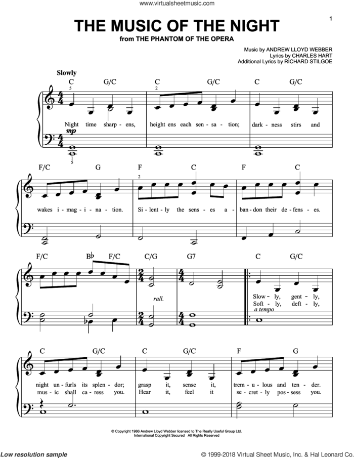 The Music Of The Night sheet music for piano solo by Andrew Lloyd Webber, David Cook, Charles Hart and Richard Stilgoe, easy skill level