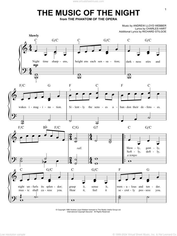 The Music Of The Night sheet music for piano solo by Andrew Lloyd Webber, David Cook, Charles Hart and Richard Stilgoe, easy skill level