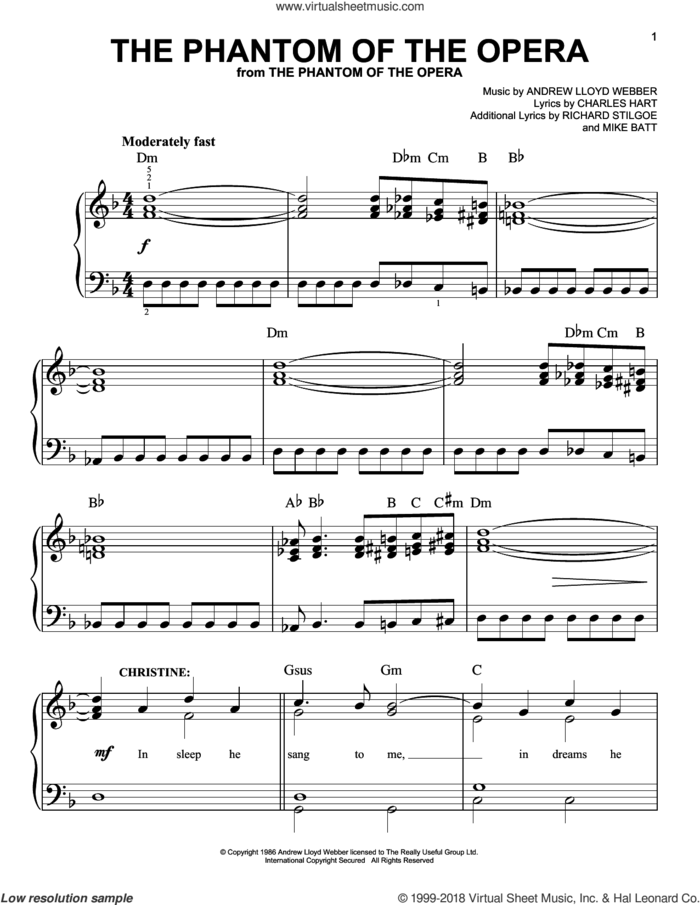 The Phantom Of The Opera, (easy) sheet music for piano solo by Andrew Lloyd Webber, Charles Hart, Mike Batt and Richard Stilgoe, easy skill level