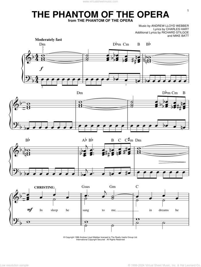 The Phantom Of The Opera, (easy) sheet music for piano solo by Andrew Lloyd Webber, Charles Hart, Mike Batt and Richard Stilgoe, easy skill level