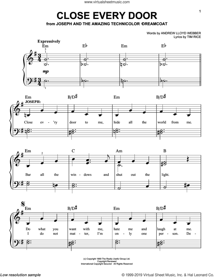 Close Every Door (from Joseph and the Amazing Technicolor Dreamcoat) sheet music for piano solo by Andrew Lloyd Webber and Tim Rice, easy skill level