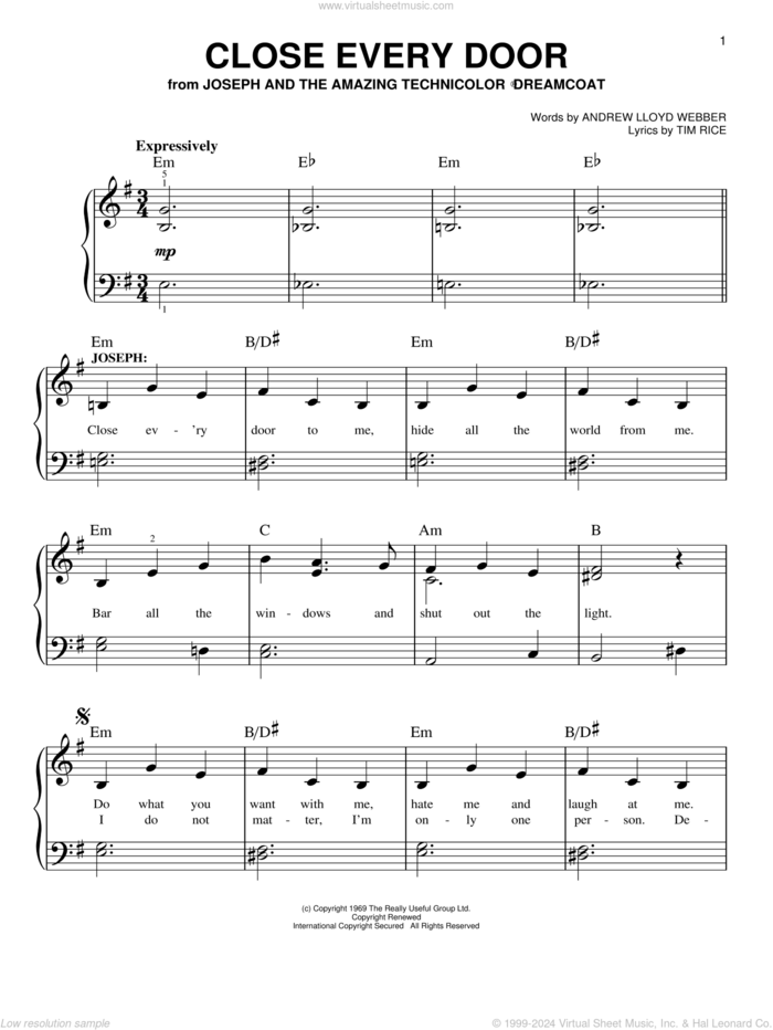 Close Every Door (from Joseph and the Amazing Technicolor Dreamcoat) sheet music for piano solo by Andrew Lloyd Webber and Tim Rice, easy skill level