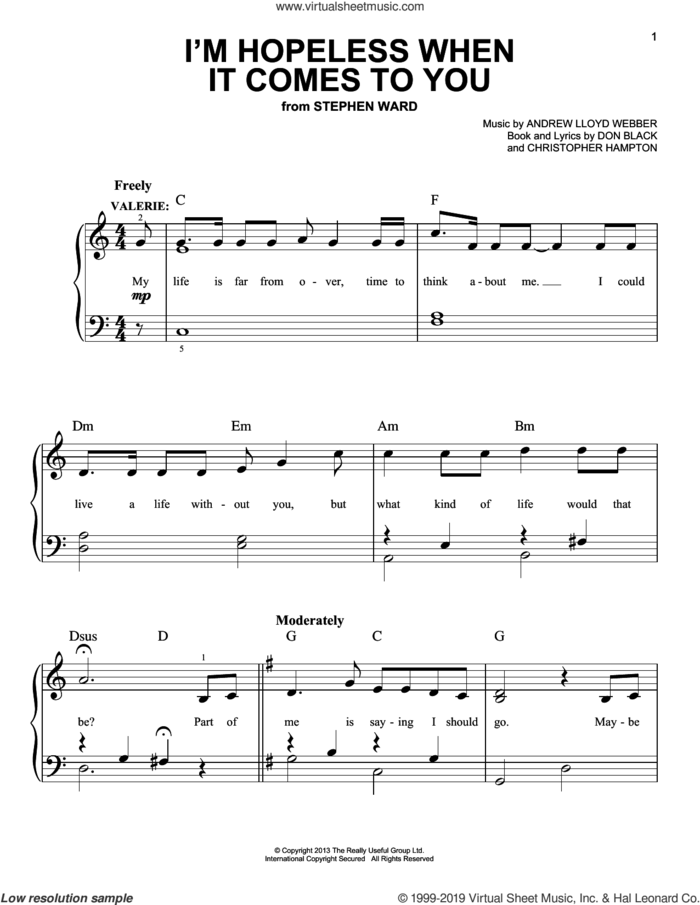 I'm Hopeless When It Comes To You (from Stephen Ward) sheet music for piano solo by Andrew Lloyd Webber, Christopher Hampton and Don Black, easy skill level