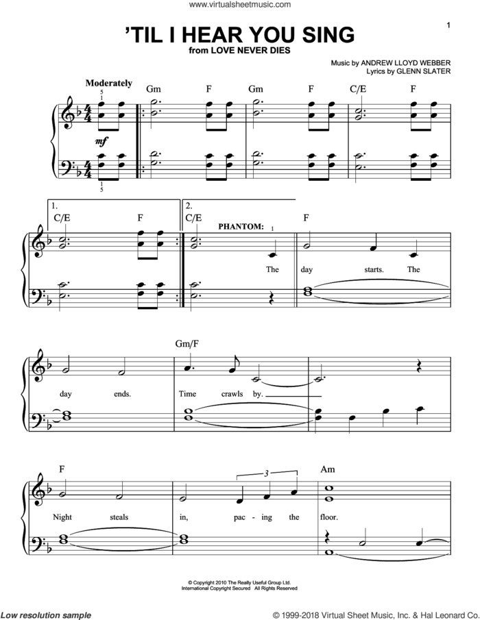 'Til I Hear You Sing sheet music for piano solo by Andrew Lloyd Webber and Glenn Slater, easy skill level