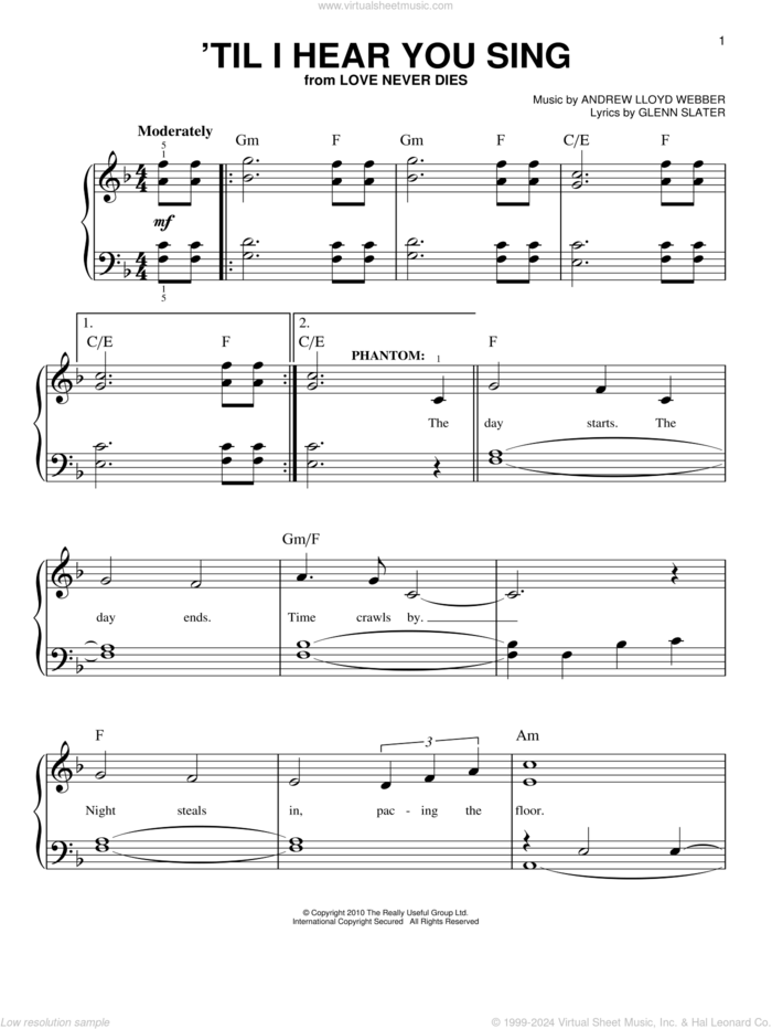 'Til I Hear You Sing sheet music for piano solo by Andrew Lloyd Webber and Glenn Slater, easy skill level