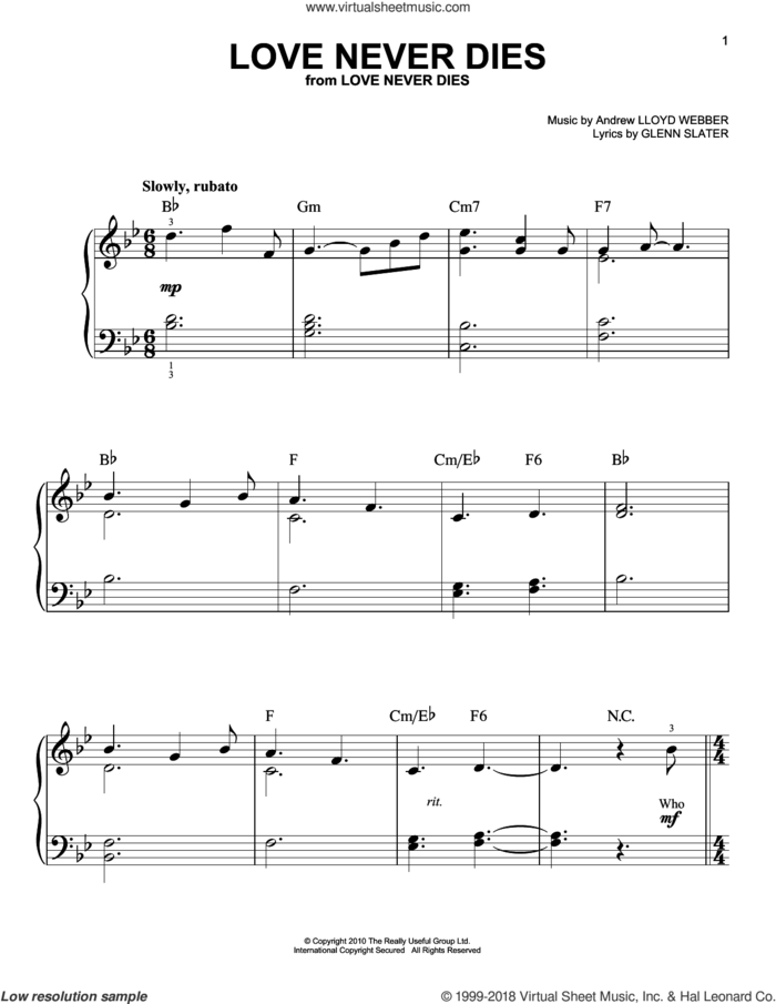 Love Never Dies sheet music for piano solo by Andrew Lloyd Webber and Glenn Slater, easy skill level