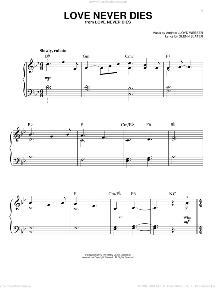 Love Never Dies sheet music for piano solo by Andrew Lloyd Webber and Glenn Slater, easy skill level