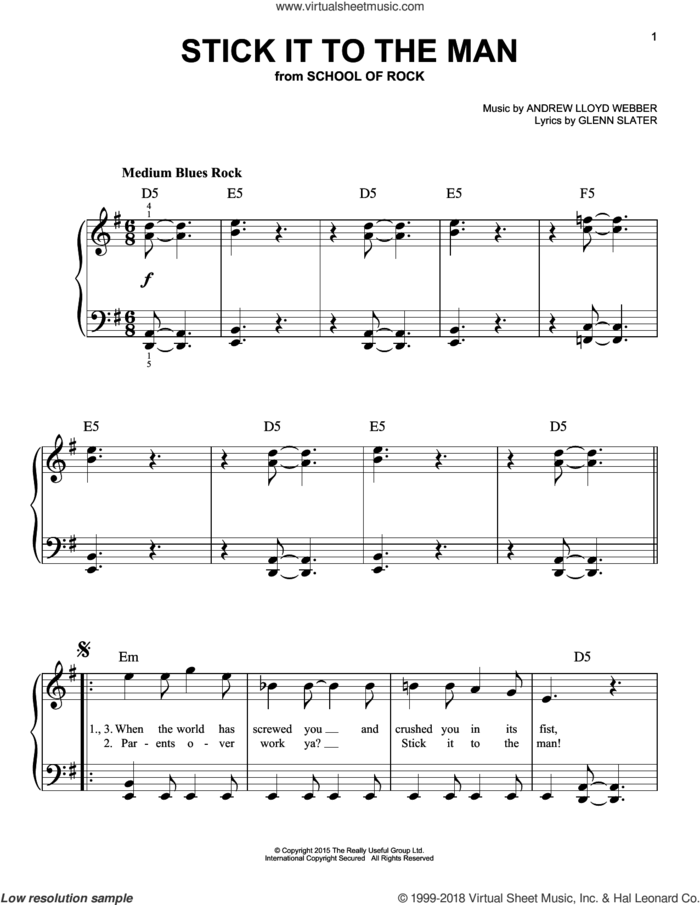Stick It To The Man (from School of Rock: The Musical) sheet music for piano solo by Andrew Lloyd Webber and Glenn Slater, easy skill level