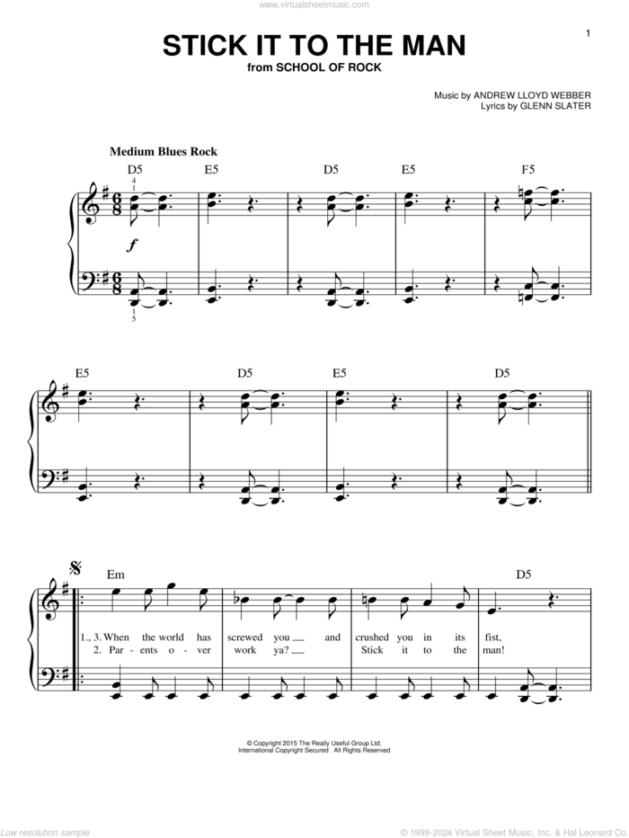 Stick It To The Man (from School of Rock: The Musical) sheet music for piano solo by Andrew Lloyd Webber and Glenn Slater, easy skill level