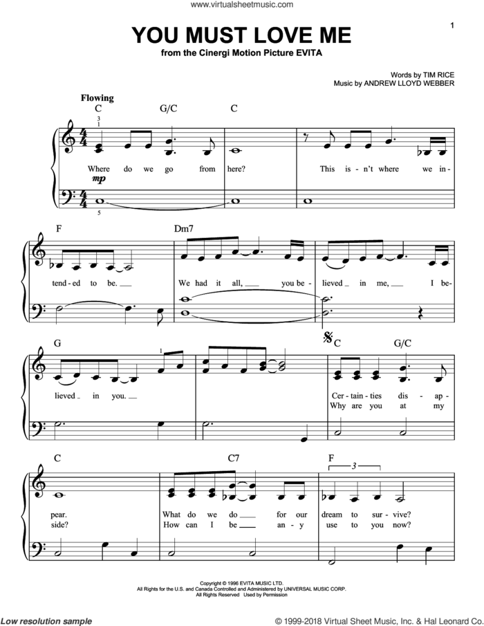 You Must Love Me (from Evita) sheet music for piano solo by Andrew Lloyd Webber, Madonna and Tim Rice, easy skill level