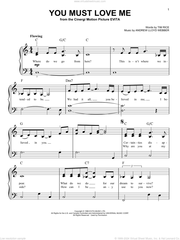 You Must Love Me (from Evita) sheet music for piano solo by Andrew Lloyd Webber, Madonna and Tim Rice, easy skill level