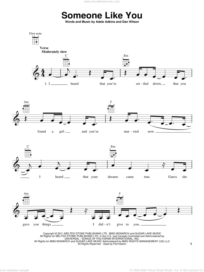 Someone Like You sheet music for ukulele by Adele, Adele Adkins and Dan Wilson, intermediate skill level