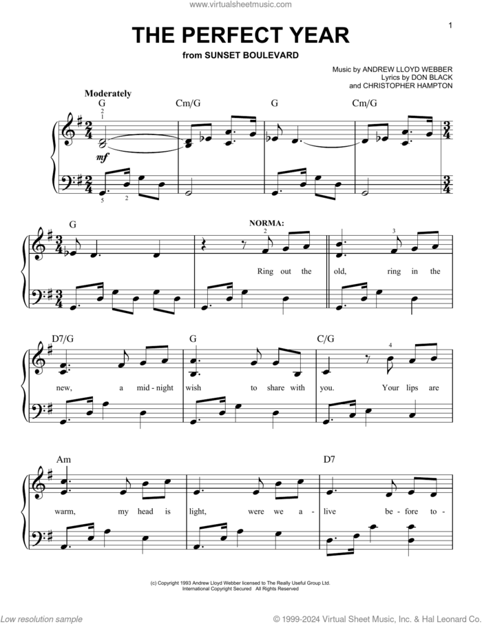 The Perfect Year sheet music for piano solo by Andrew Lloyd Webber, Christopher Hampton and Don Black, easy skill level