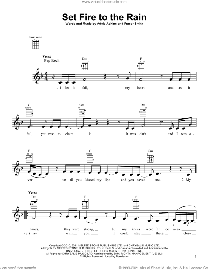 Set Fire To The Rain sheet music for ukulele by Adele, Adele Adkins and Fraser T. Smith, intermediate skill level