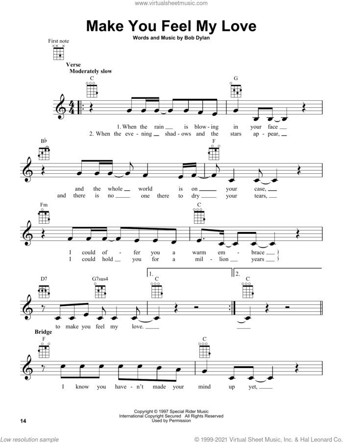 Make You Feel My Love sheet music for ukulele by Adele and Bob Dylan, intermediate skill level