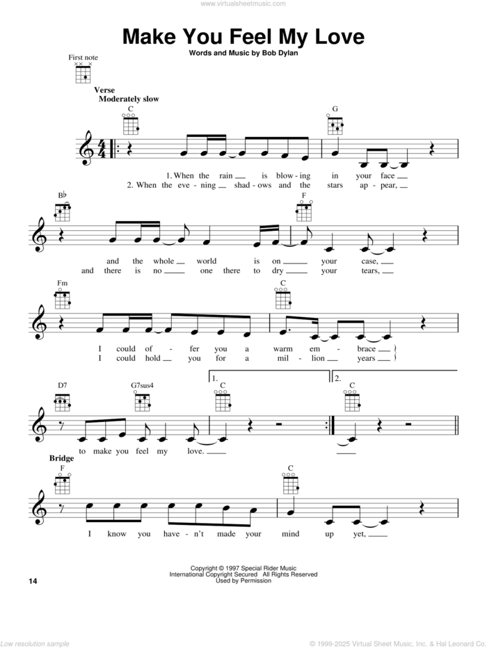 Make You Feel My Love (from The Daily Ukulele) sheet music for ukulele by Adele and Bob Dylan, intermediate skill level