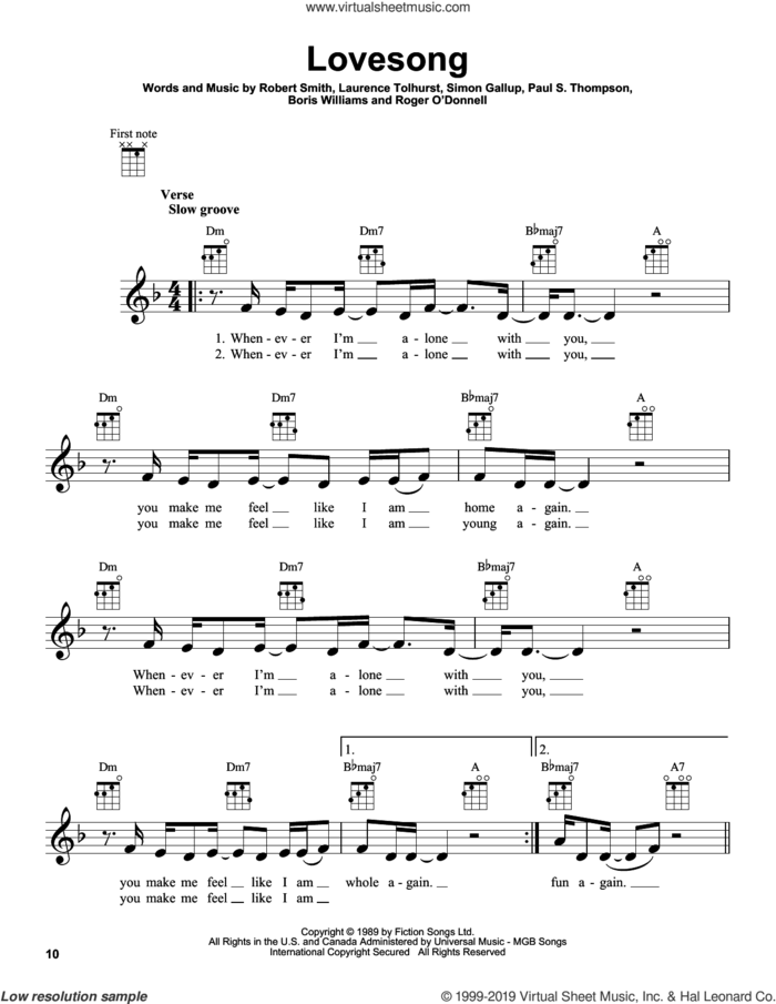 Lovesong sheet music for ukulele by Adele, The Cure, Boris Williams, Laurence Tolhurst, Paul S. Thompson, Robert Smith and Simon Gallup, intermediate skill level