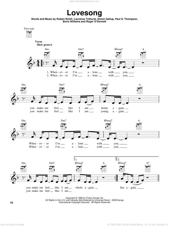 Lovesong sheet music for ukulele by Adele, The Cure, Boris Williams, Laurence Tolhurst, Paul S. Thompson, Robert Smith and Simon Gallup, intermediate skill level