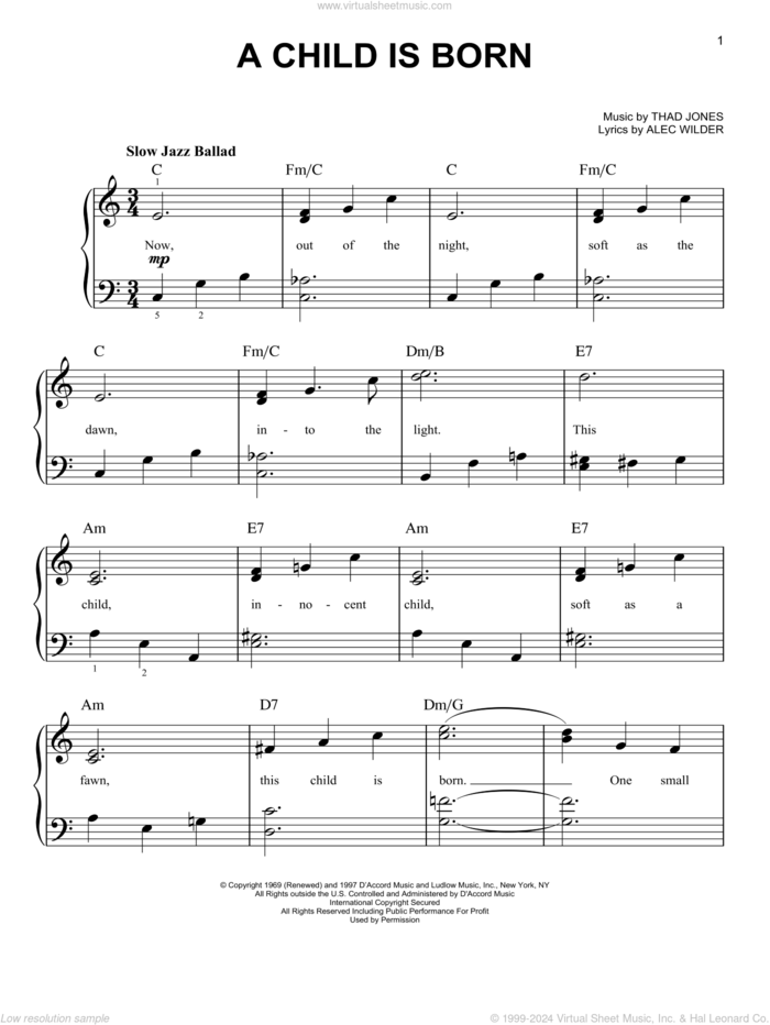 A Child Is Born sheet music for piano solo by Thad Jones and Alec Wilder, beginner skill level