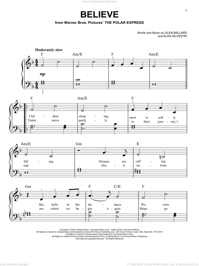 Believe (from The Polar Express) sheet music for piano solo by Josh Groban, Alan Silvestri and Glen Ballard, beginner skill level