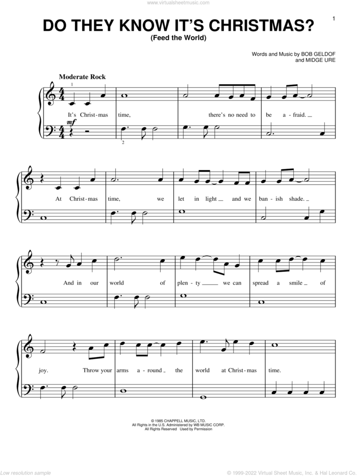 Do They Know It's Christmas? (Feed The World) sheet music for piano solo by Midge Ure, Band Aid and Bob Geldof, beginner skill level